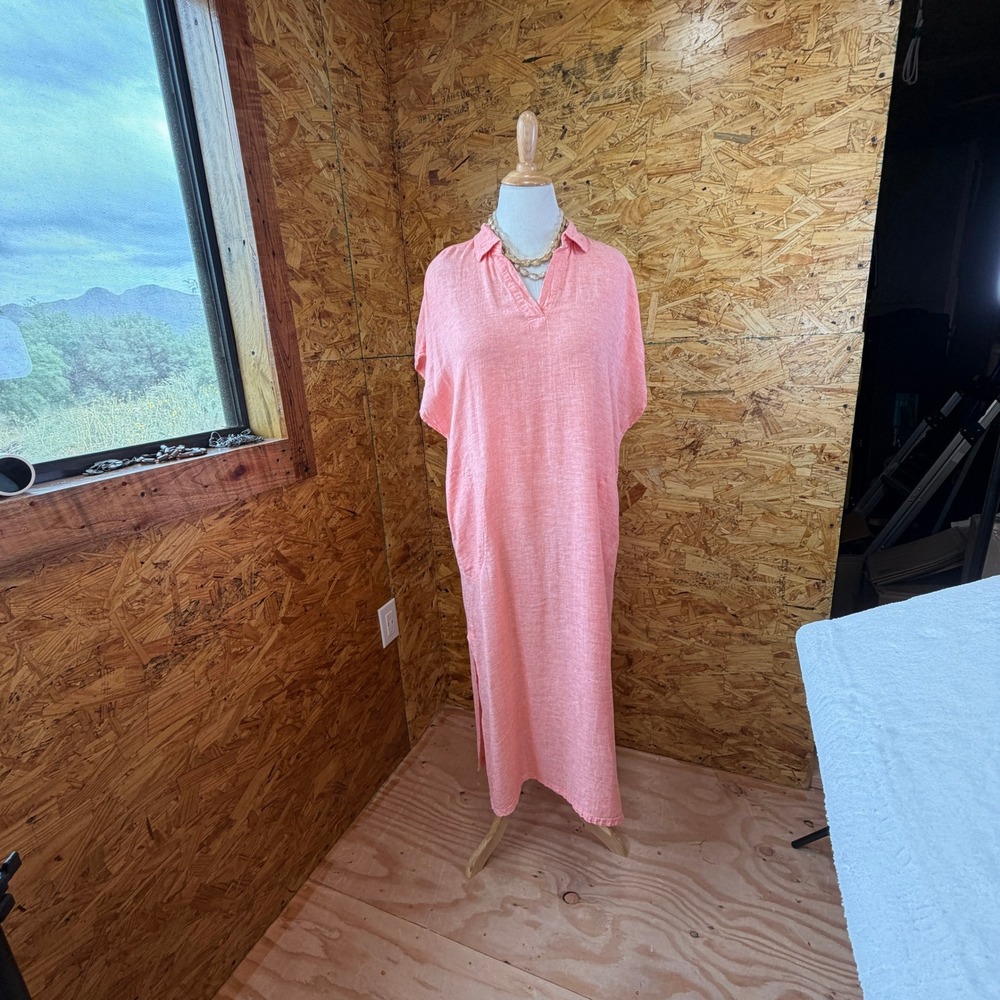 Tahari Women Coral Pink Linen Blend Maxi Dress Short Sleeve Caftan Slit Pocket L
